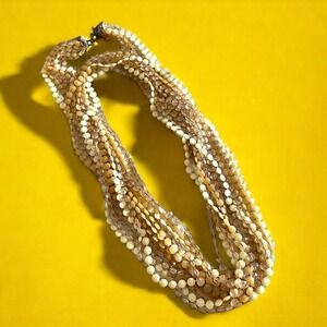 Vintage Multi Strand Ivory Brown Tan Faceted Bead Necklace‎ Statement Cascading